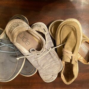 3 pair Hey Dude Bundle 1 blue pair  1 tan pair and 1 grey pair